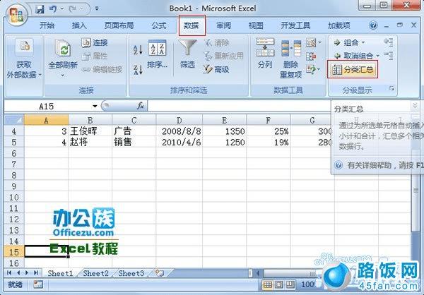 Excel2007表格中进行分类汇总的操作步骤