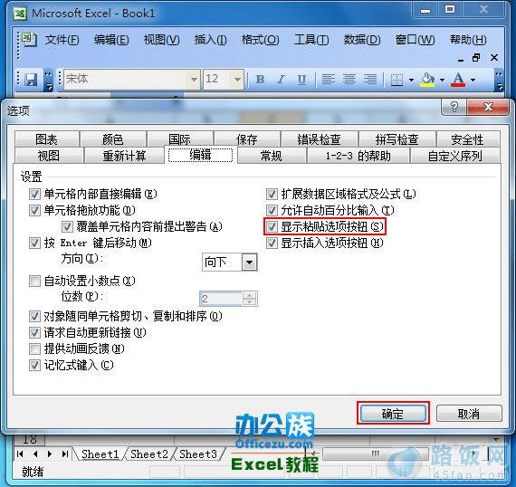 在“编辑”框内勾上显示粘贴选项按钮