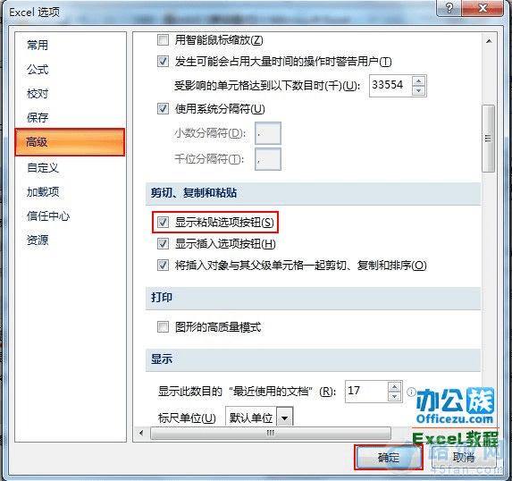 勾选“显示粘贴选项按钮”