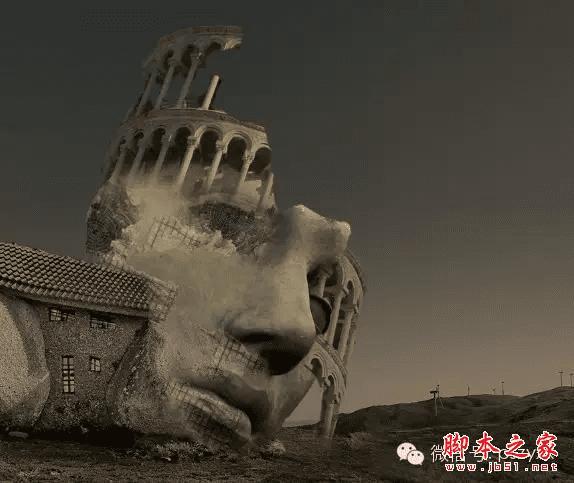 PS合成石屋前老人抽象画的操作步骤