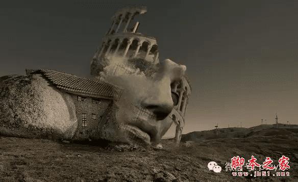 PS合成石屋前老人抽象画的操作步骤