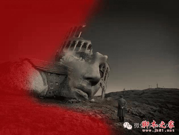 PS合成石屋前老人抽象画的操作步骤