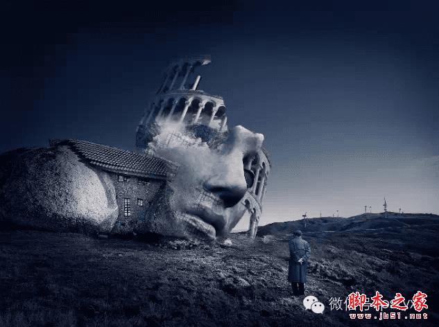 PS合成石屋前老人抽象画的操作步骤