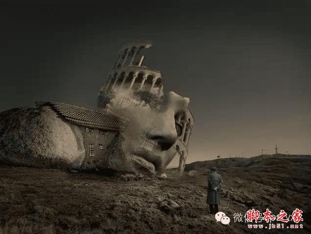 PS合成石屋前老人抽象画的操作步骤