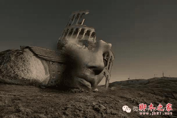 PS合成石屋前老人抽象画的操作步骤