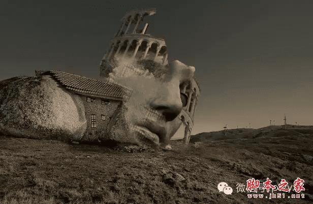 PS合成石屋前老人抽象画的操作步骤