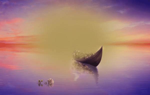 如何在PS中合成霞光中的小艇场景?