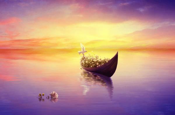 如何在PS中合成霞光中的小艇场景?