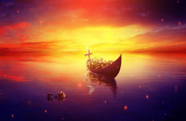 如何在PS中合成霞光中的小艇场景?