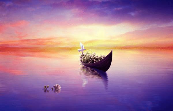 如何在PS中合成霞光中的小艇场景?