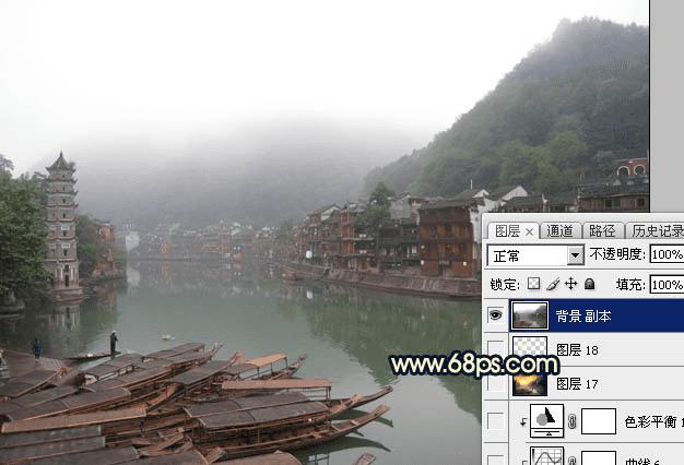 如何使用Photoshop调出唯美的霞光水边古镇效果?