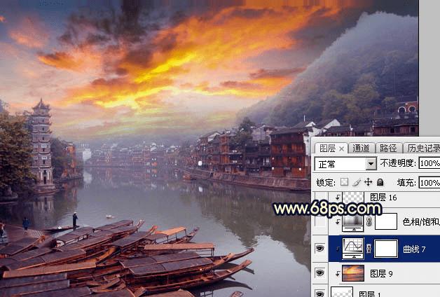 如何使用Photoshop调出唯美的霞光水边古镇效果?