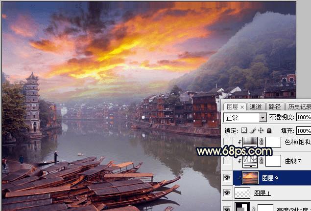 如何使用Photoshop调出唯美的霞光水边古镇效果?