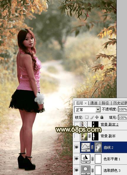 如何在ps中将树丛中的人物加上柔和的秋季暖色?