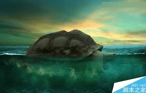 怎么样在ps中合成海洋巨龟驮着岛在水上漂浮的效果图?