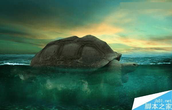 怎么样在ps中合成海洋巨龟驮着岛在水上漂浮的效果图?