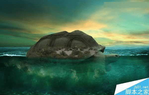 怎么样在ps中合成海洋巨龟驮着岛在水上漂浮的效果图?