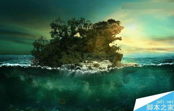 怎么样在ps中合成海洋巨龟驮着岛在水上漂浮的效果图?