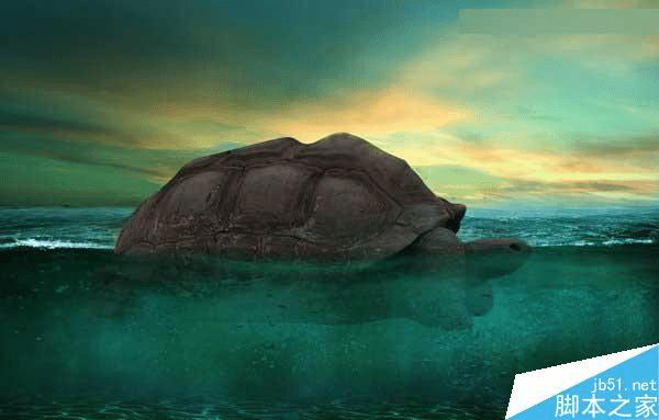 怎么样在ps中合成海洋巨龟驮着岛在水上漂浮的效果图?