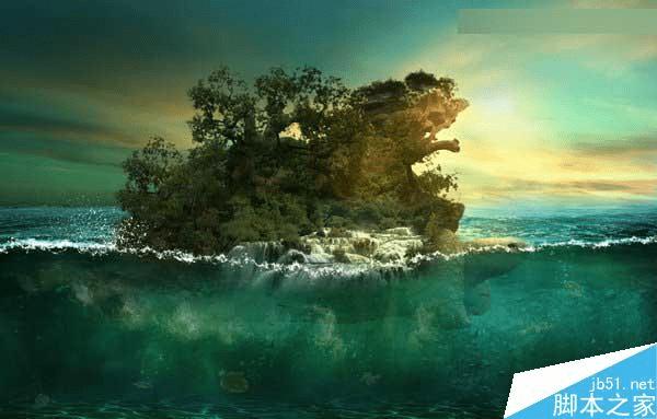 怎么样在ps中合成海洋巨龟驮着岛在水上漂浮的效果图?