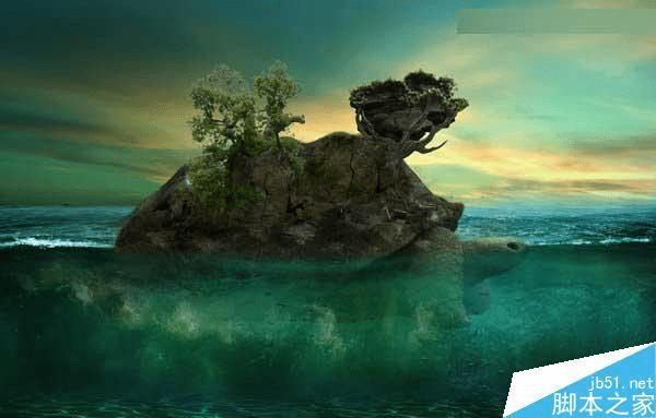 怎么样在ps中合成海洋巨龟驮着岛在水上漂浮的效果图?