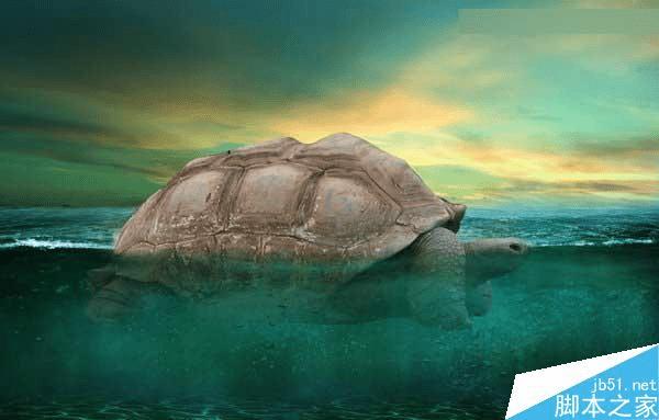 怎么样在ps中合成海洋巨龟驮着岛在水上漂浮的效果图?