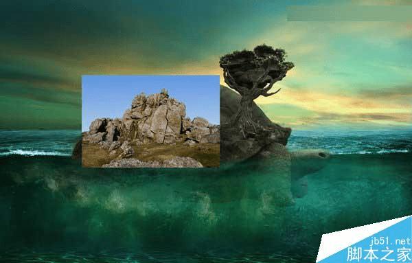 怎么样在ps中合成海洋巨龟驮着岛在水上漂浮的效果图?