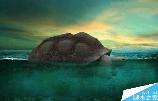 怎么样在ps中合成海洋巨龟驮着岛在水上漂浮的效果图?