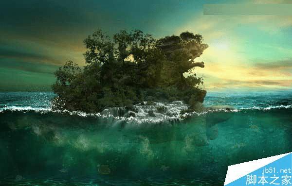 怎么样在ps中合成海洋巨龟驮着岛在水上漂浮的效果图?