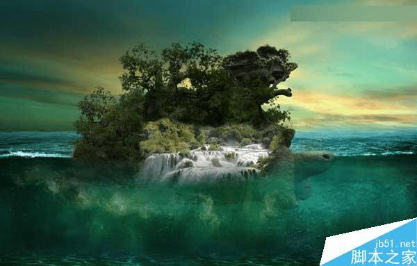 怎么样在ps中合成海洋巨龟驮着岛在水上漂浮的效果图?