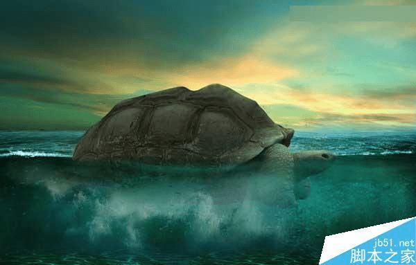 怎么样在ps中合成海洋巨龟驮着岛在水上漂浮的效果图?