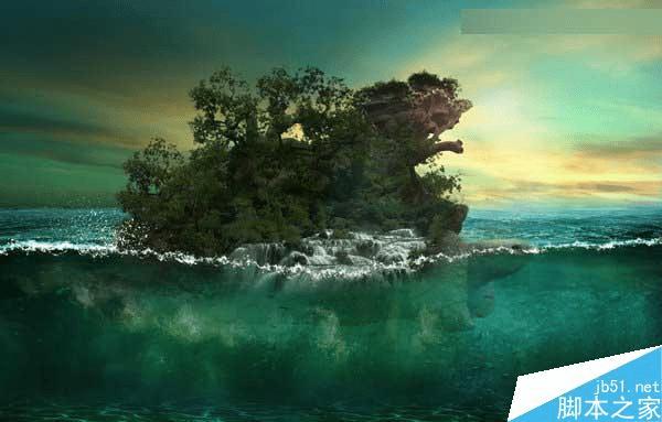怎么样在ps中合成海洋巨龟驮着岛在水上漂浮的效果图?