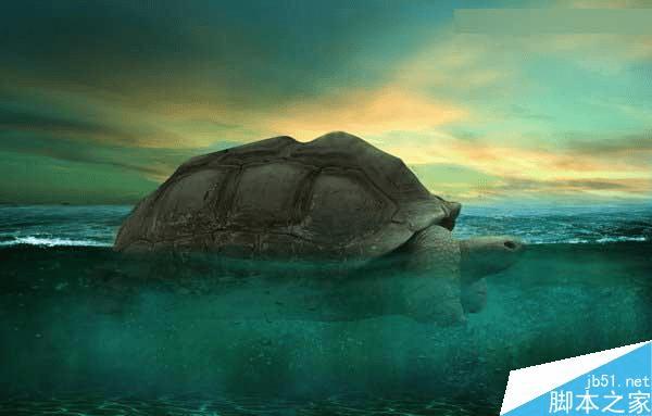 怎么样在ps中合成海洋巨龟驮着岛在水上漂浮的效果图?