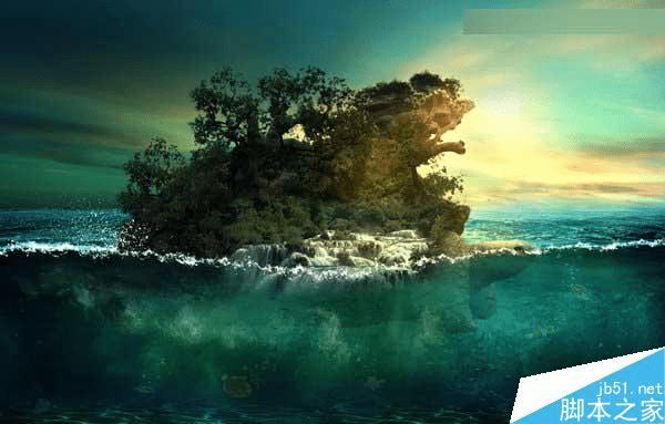 怎么样在ps中合成海洋巨龟驮着岛在水上漂浮的效果图?