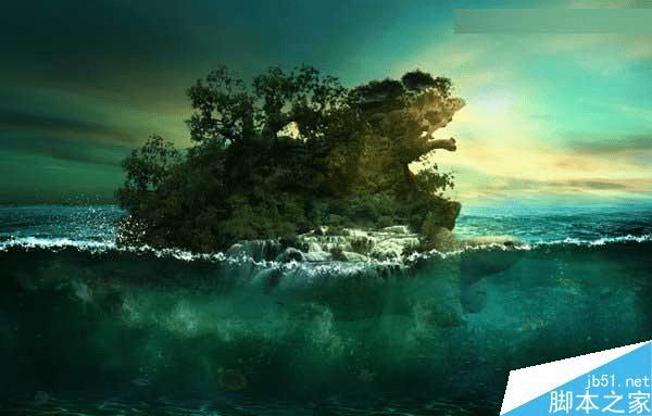 怎么样在ps中合成海洋巨龟驮着岛在水上漂浮的效果图?