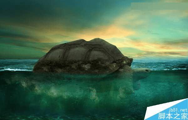 怎么样在ps中合成海洋巨龟驮着岛在水上漂浮的效果图?