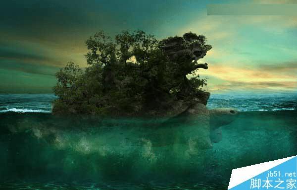 怎么样在ps中合成海洋巨龟驮着岛在水上漂浮的效果图?
