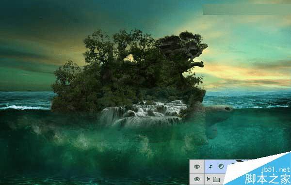 怎么样在ps中合成海洋巨龟驮着岛在水上漂浮的效果图?