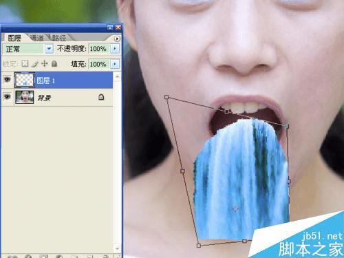 如何在ps中将从人物眼中和口中流出的瀑布合成?