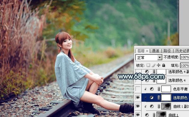 在ps中调制出甜美的暗调青红色铁轨人物图片的技巧