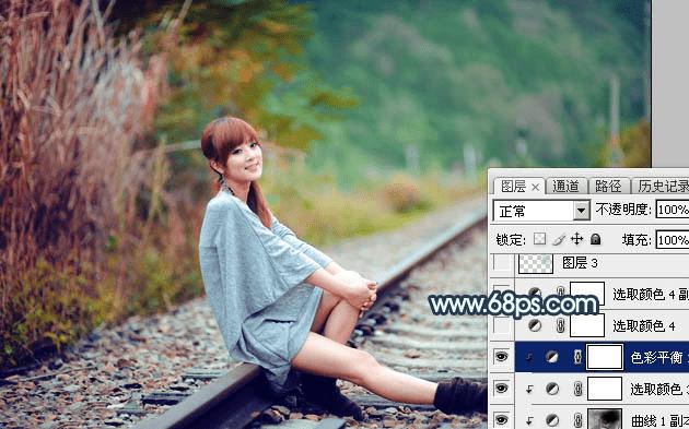 在ps中调制出甜美的暗调青红色铁轨人物图片的技巧