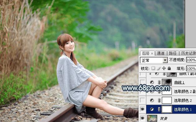 在ps中调制出甜美的暗调青红色铁轨人物图片的技巧