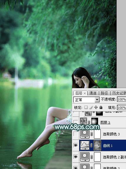 怎么样在ps中调制出清新甜美的青绿色湖边人物图片?