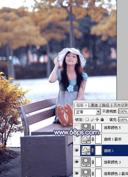 怎么样在ps中将公园人物图片打造出清爽的蓝橙色秋季色?