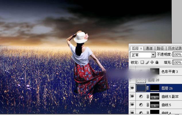 如何在ps中调出偏暖的蓝褐色草原人物图片?