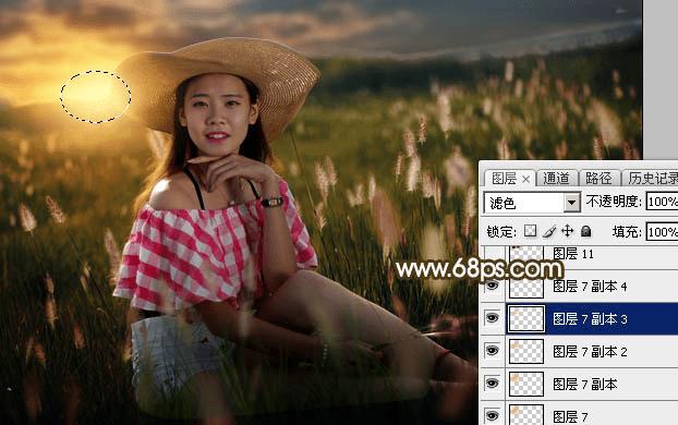 如何在ps中调制出暗调晨曦阳色光原野草地上人物图片?