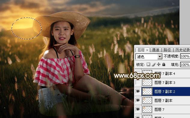 如何在ps中调制出暗调晨曦阳色光原野草地上人物图片?