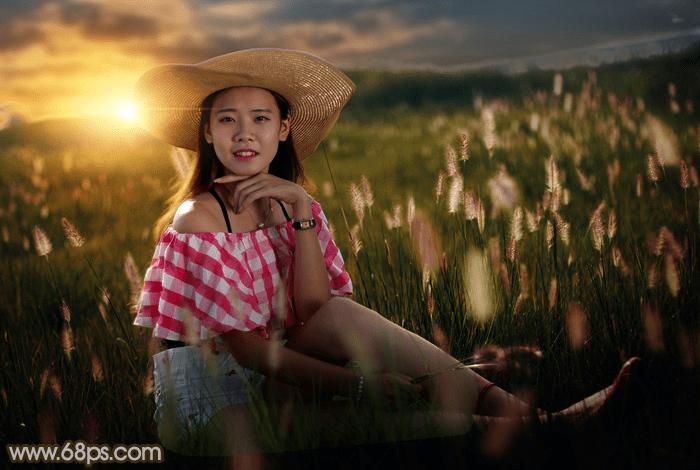 如何在ps中调制出暗调晨曦阳色光原野草地上人物图片?