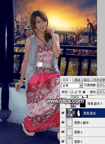 怎么样在ps中为护栏边的人物加上漂亮的霞光效果?