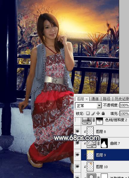 怎么样在ps中为护栏边的人物加上漂亮的霞光效果?